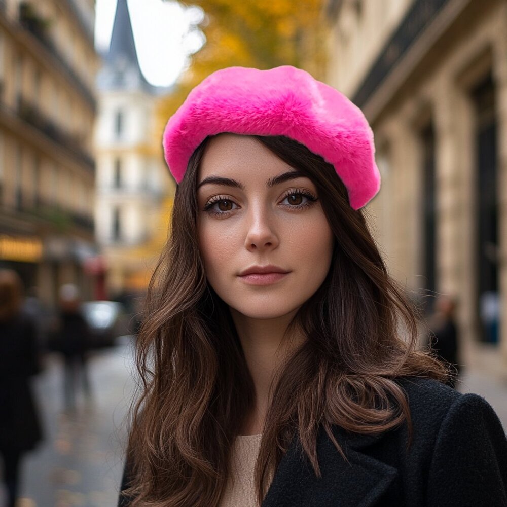 Hot Pink Fuchsia Faux Fur Beret Hat for Women Cozy and Chic NWT - Picture 1 of 5